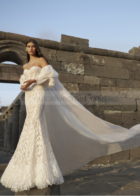 Ivory Lace Beaded Wedding Dress With Organza Cape